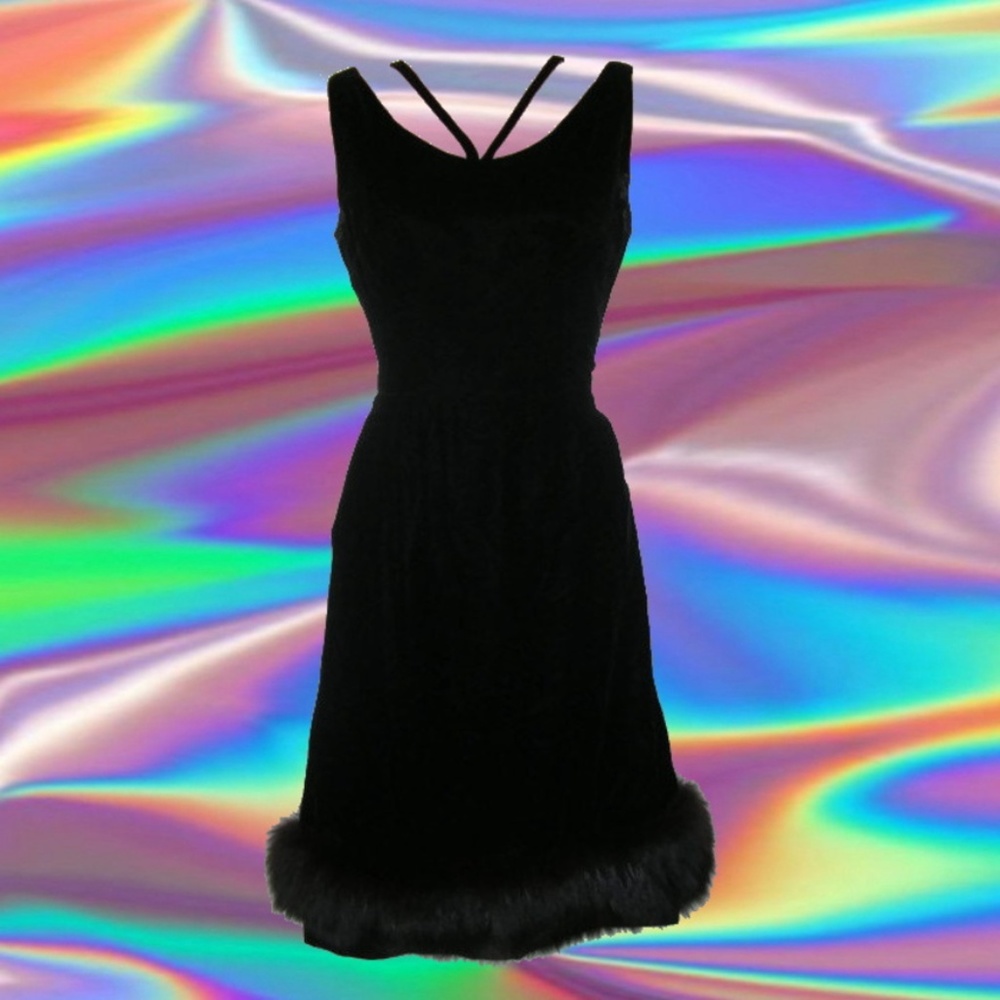 1950s vintage sexy black velvet fur dress size xs